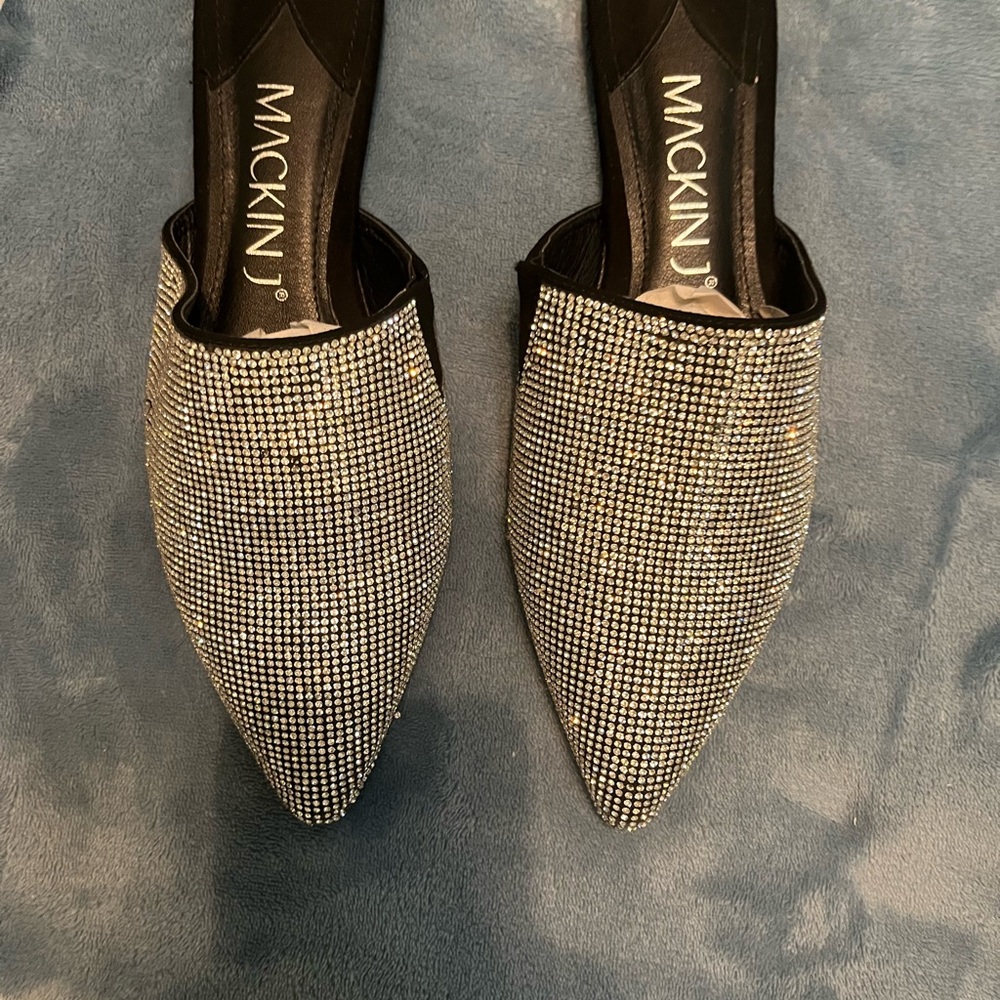 Women's Black and Silver Rhinestone Flats